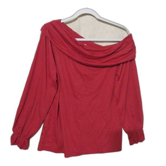 NWT Dorose top Womens Large maroon asymmetric off shoulder peasant sleeve drapey - Picture 2 of 7